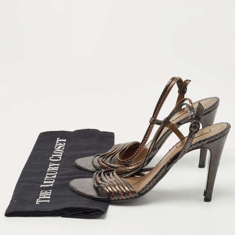 Pre Owned Bottega Veneta Metallic Snakeskin Leather Strappy Slingback Sandals Size 40