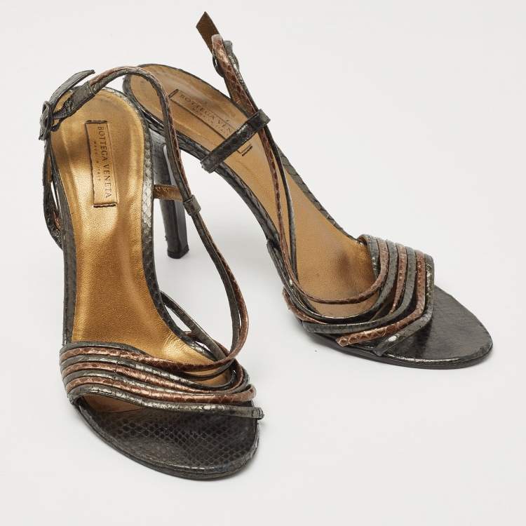 Pre Owned Bottega Veneta Metallic Snakeskin Leather Strappy Slingback Sandals Size 40