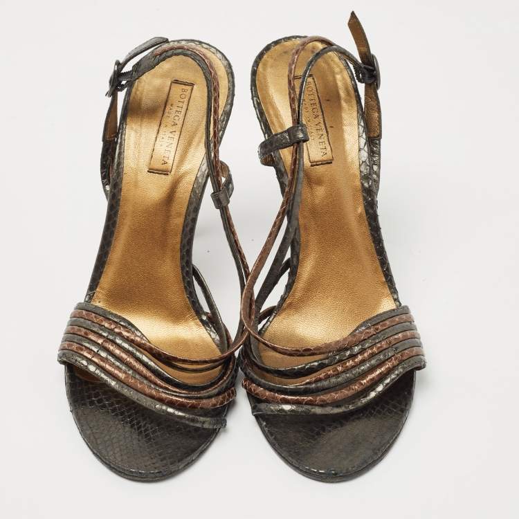 Pre Owned Bottega Veneta Metallic Snakeskin Leather Strappy Slingback Sandals Size 40