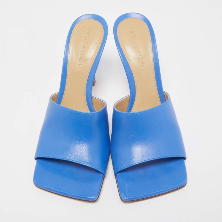 Pre Owned Bottega Veneta Blue Leather Stretch Square Toe Slide Sandals Size 37