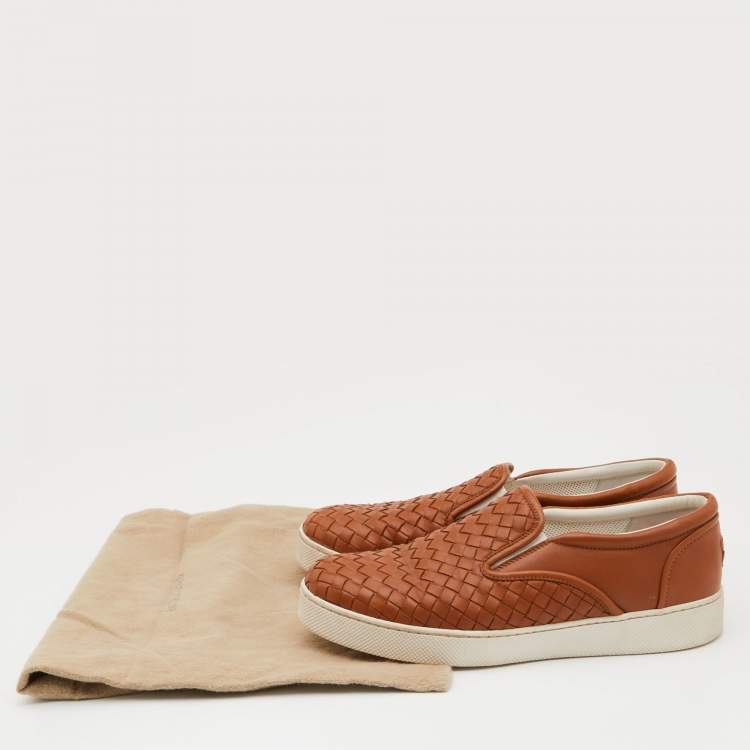 Pre Owned Bottega Veneta Tan Intrecciato Leather Dodger Slip On Sneakers Size 40