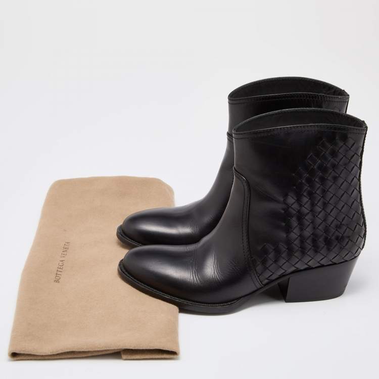 Pre Owned Bottega Veneta Black Intrecciato Leather Block Heel Ankle Boots Size 36.5
