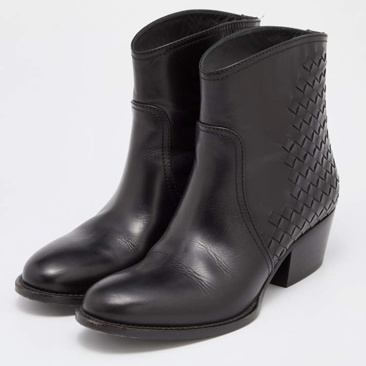 Pre Owned Bottega Veneta Black Intrecciato Leather Block Heel Ankle Boots Size 36.5