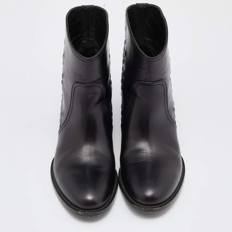Pre Owned Bottega Veneta Black Intrecciato Leather Block Heel Ankle Boots Size 36.5