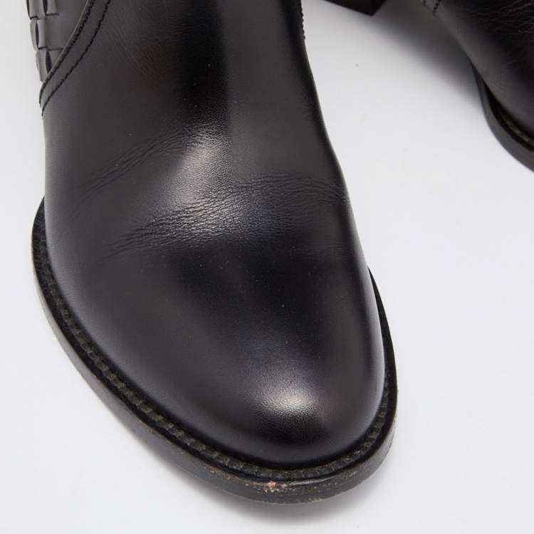 Pre Owned Bottega Veneta Black Intrecciato Leather Block Heel Ankle Boots Size 36.5