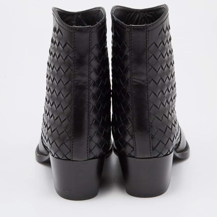 Pre Owned Bottega Veneta Black Intrecciato Leather Block Heel Ankle Boots Size 36.5