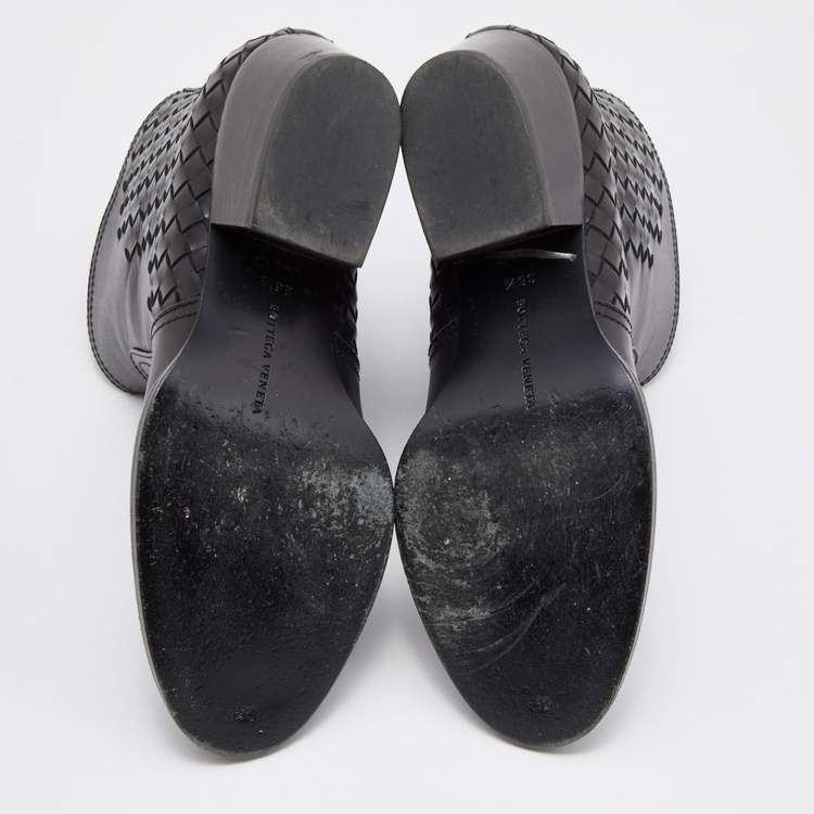 Pre Owned Bottega Veneta Black Intrecciato Leather Block Heel Ankle Boots Size 36.5