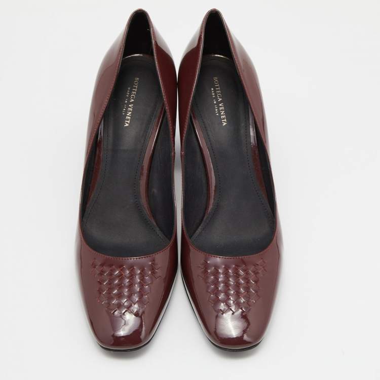 Pre Owned Bottega Veneta Burgundy Patent Leather Block Heel Pumps Size 39