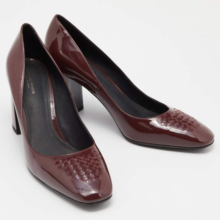 Pre Owned Bottega Veneta Burgundy Patent Leather Block Heel Pumps Size 39