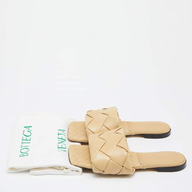 Pre Owned Bottega Veneta Beige Intrecciato Leather Lido Flat Slides Size 38 