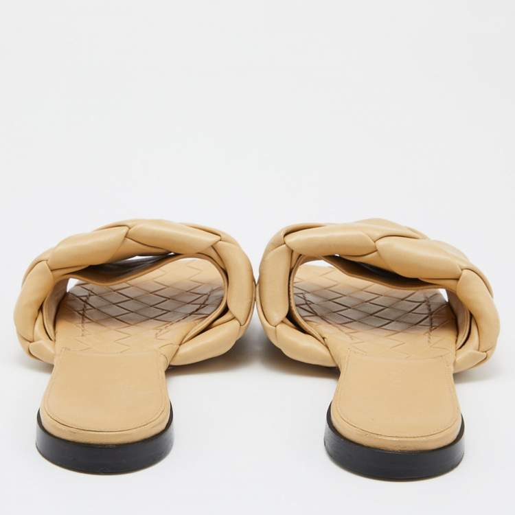Pre Owned Bottega Veneta Beige Intrecciato Leather Lido Flat Slides Size 38 