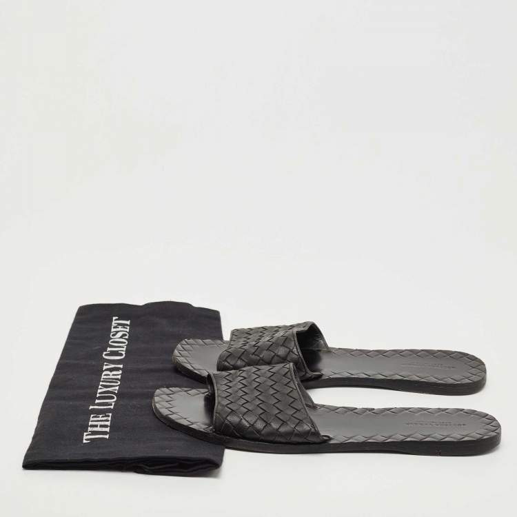 Pre Owned Bottega Veneta Black Intrecciato Leather Flat Slides Size 39