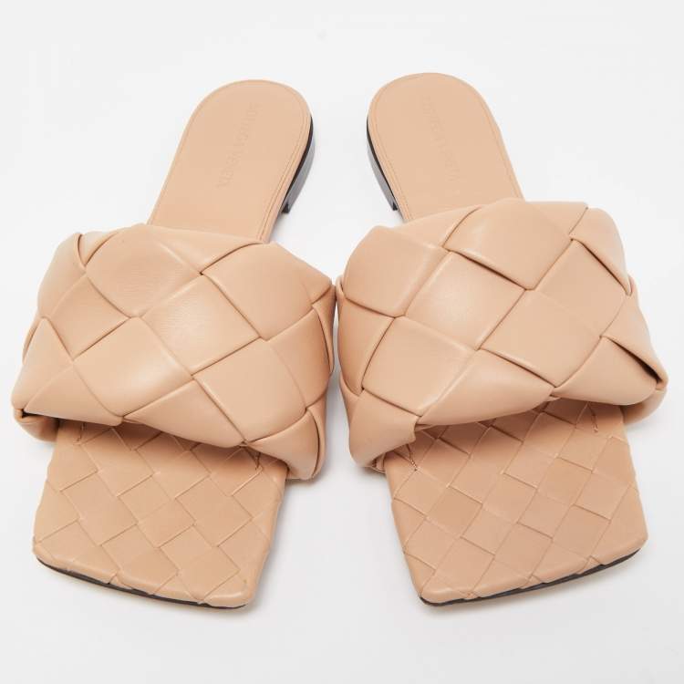 Pre Owned Bottega Veneta Beige Leather Lido Slide Flats Size 40