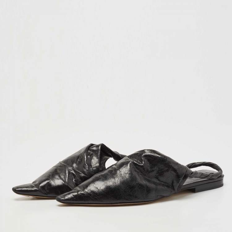 Bottega Veneta Black Leather bv Point Slingback Flat Sandals Size