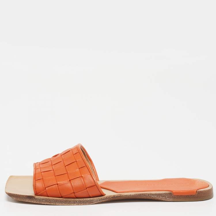Bottega Veneta Orange/Beige Intrecciato Leather Square Toe Flat Slides ...