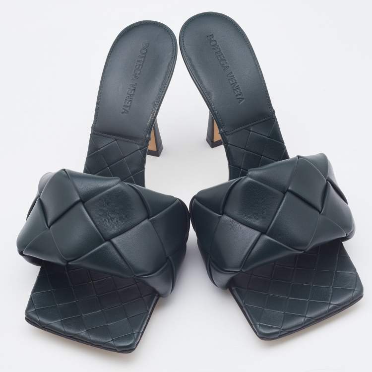 Pre Owned Bottega Veneta Green Intrecciato Leather Lido Slide Sandals Size 39