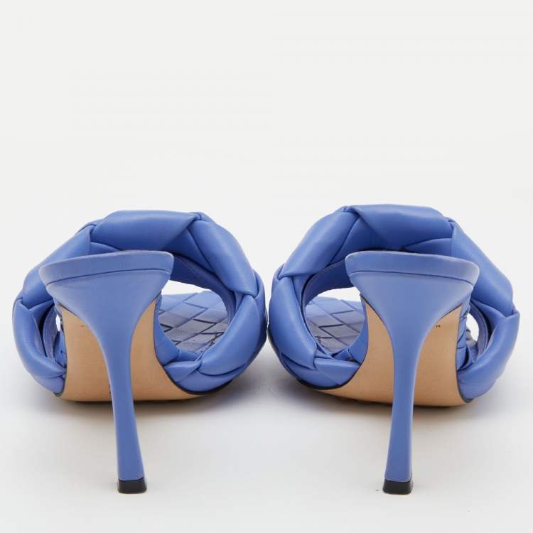 Pre Owned Bottega Veneta Blue Intrecciato Leather Lido Slide Sandals Size 37.5