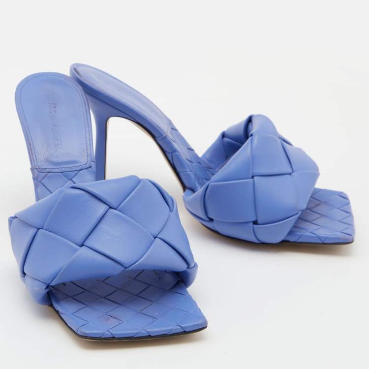 Pre Owned Bottega Veneta Blue Intrecciato Leather Lido Slide Sandals Size 37.5