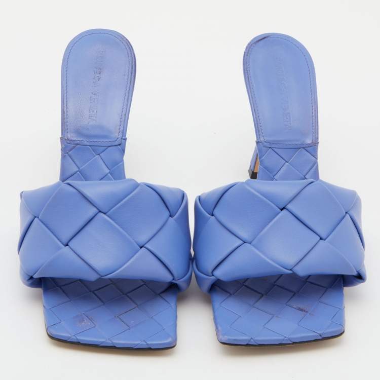 Pre Owned Bottega Veneta Blue Intrecciato Leather Lido Slide Sandals Size 37.5