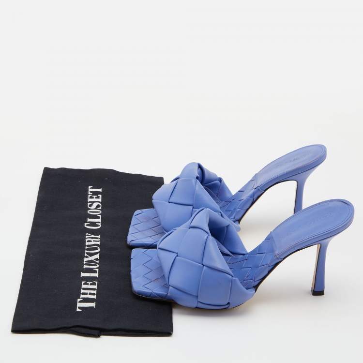 Pre Owned Bottega Veneta Blue Intrecciato Leather Lido Slide Sandals Size 37.5