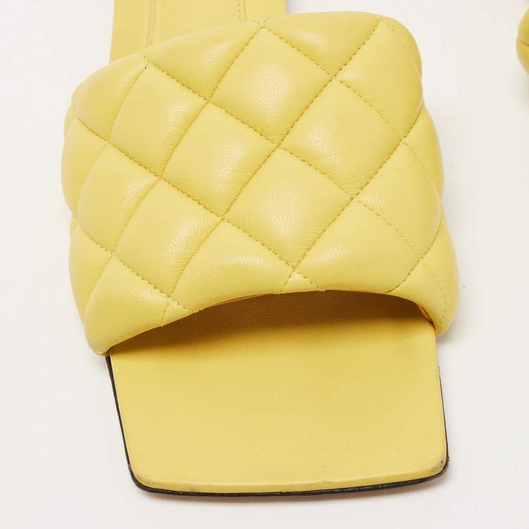 Pre Owned Bottega Veneta Yellow Quilted Leather Lido Flat Slides Size 37