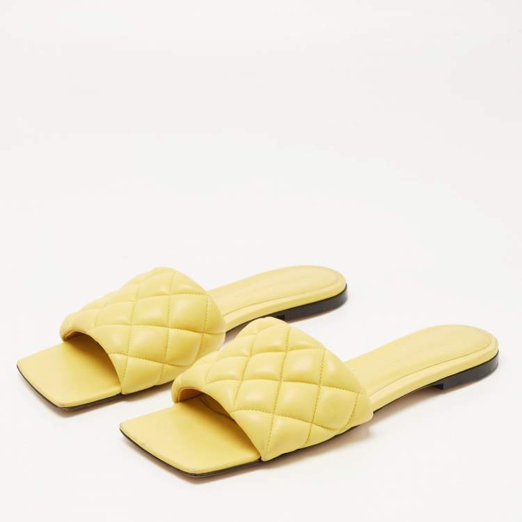 Pre Owned Bottega Veneta Yellow Quilted Leather Lido Flat Slides Size 37