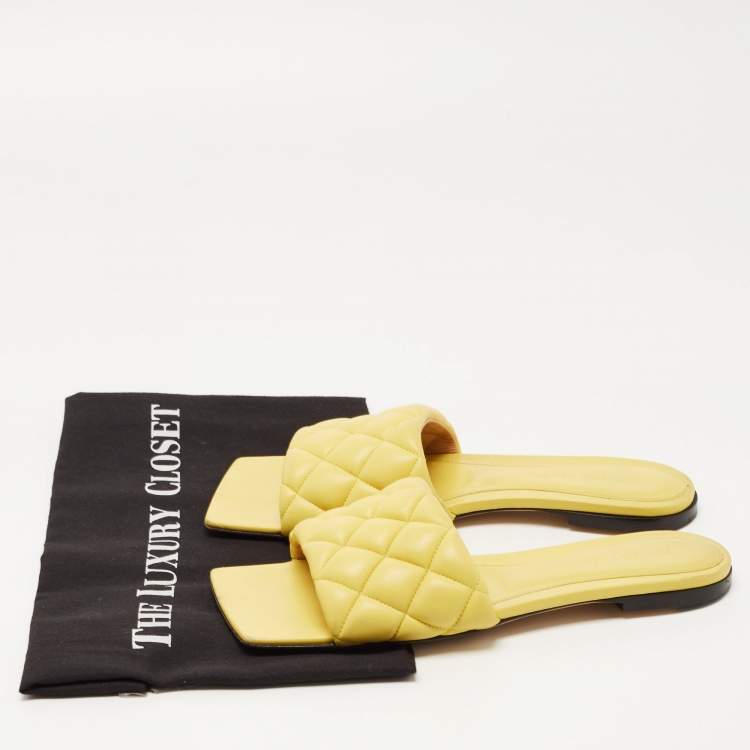 Pre Owned Bottega Veneta Yellow Quilted Leather Lido Flat Slides Size 37