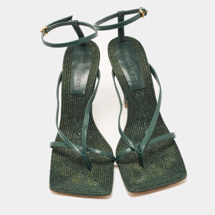 Pre Owned Bottega Veneta Green Leather Stretch Ankle Strap Sandals Size 39