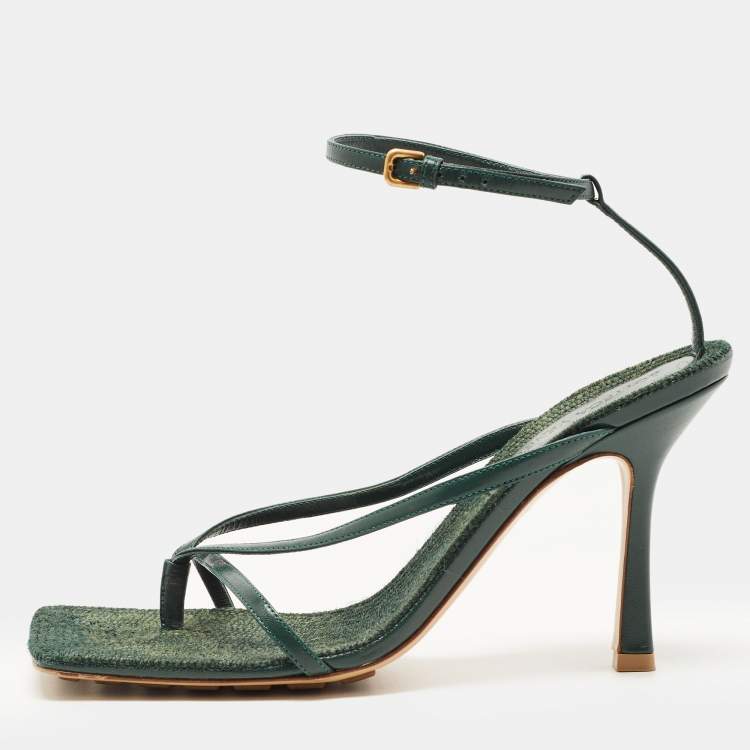 Pre Owned Bottega Veneta Green Leather Stretch Ankle Strap Sandals Size 39