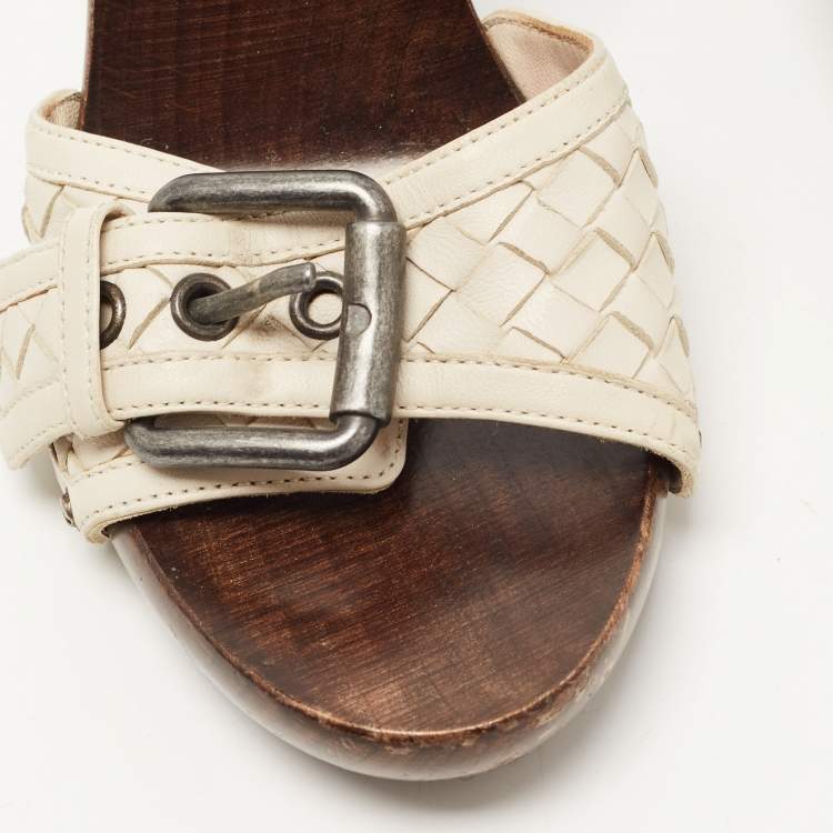 Pre Owned Bottega Veneta White Intrecciato Clog Sandals Size 37.5