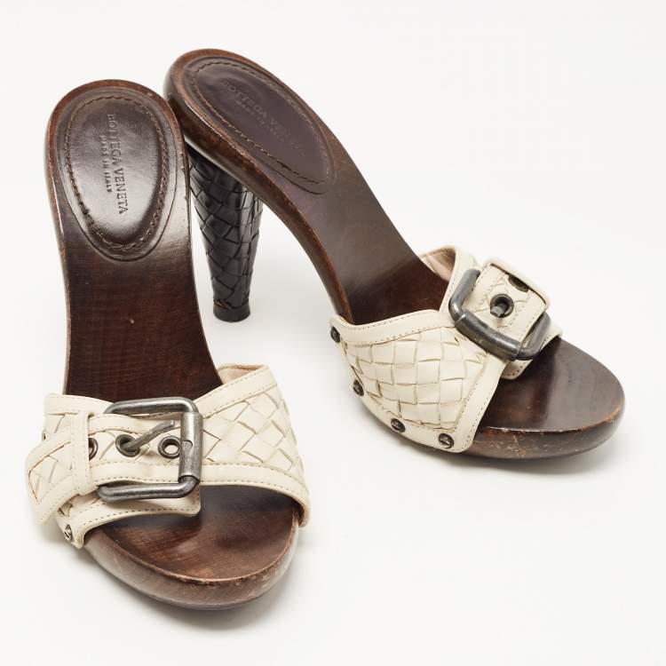Pre Owned Bottega Veneta White Intrecciato Clog Sandals Size 37.5