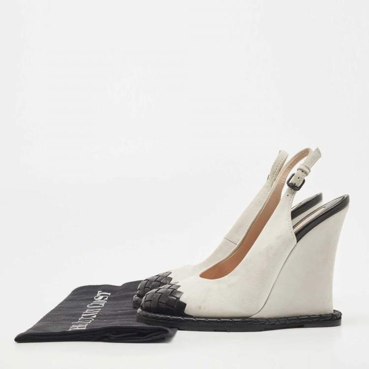 Pre Owned Bottega Veneta White/Black Leather and Suede Slingback Wedge Pumps Size 37