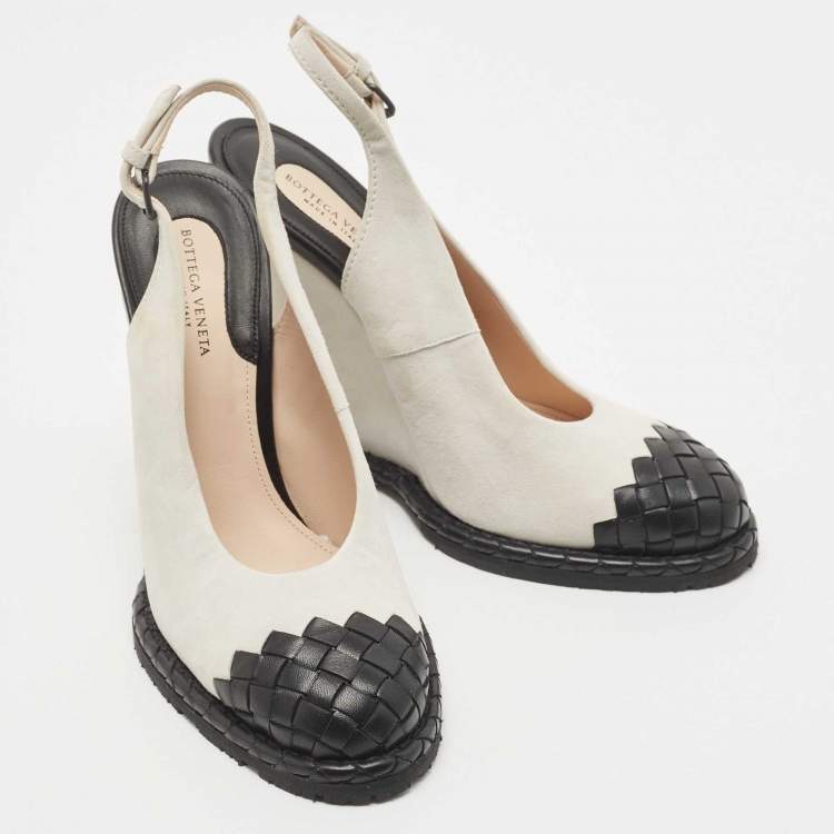 Pre Owned Bottega Veneta White/Black Leather and Suede Slingback Wedge Pumps Size 37