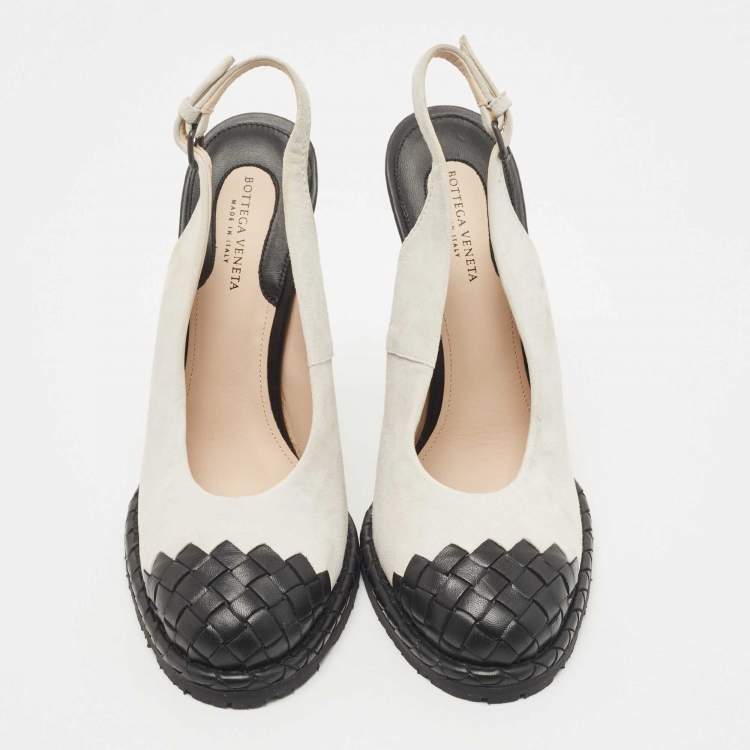 Pre Owned Bottega Veneta White/Black Leather and Suede Slingback Wedge Pumps Size 37