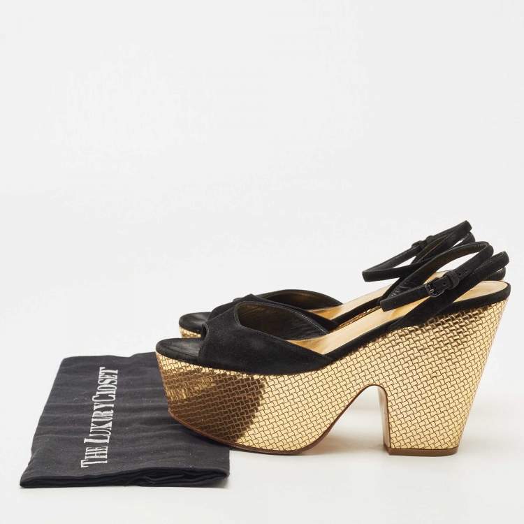 Pre Owned Bottega Veneta Black Suede Platform Wedge Ankle Strap Sandals Size 39.5