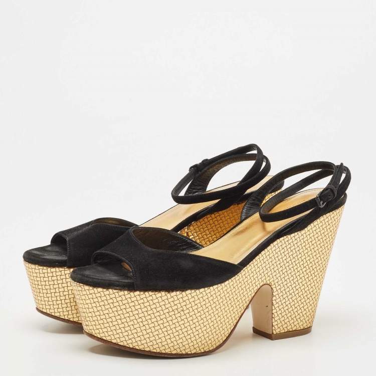 Pre Owned Bottega Veneta Black Suede Platform Wedge Ankle Strap Sandals Size 39.5