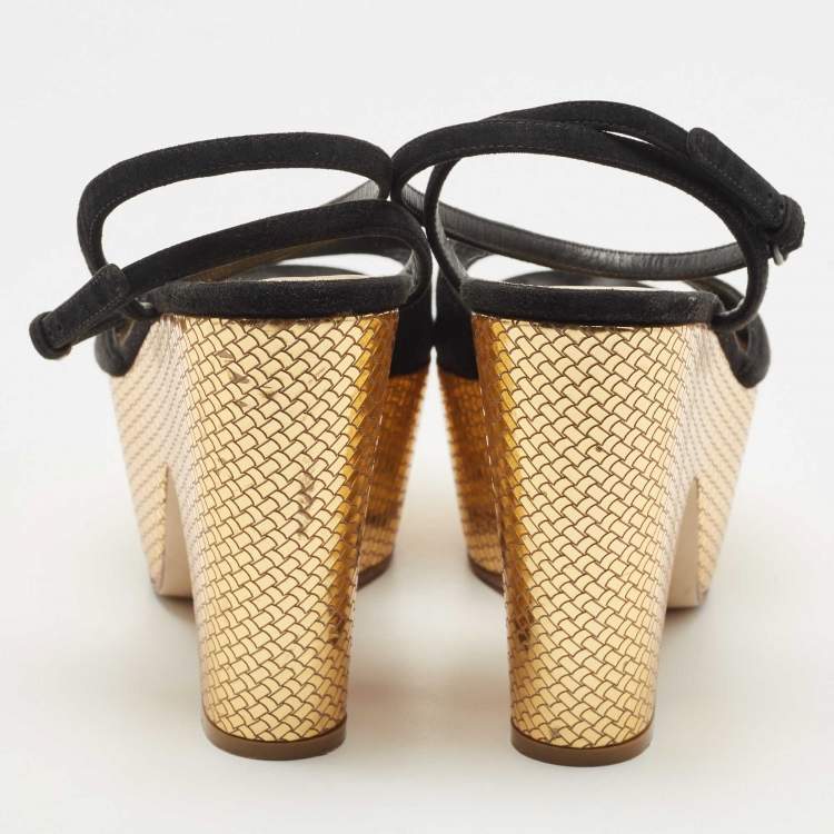 Pre Owned Bottega Veneta Black Suede Platform Wedge Ankle Strap Sandals Size 39.5