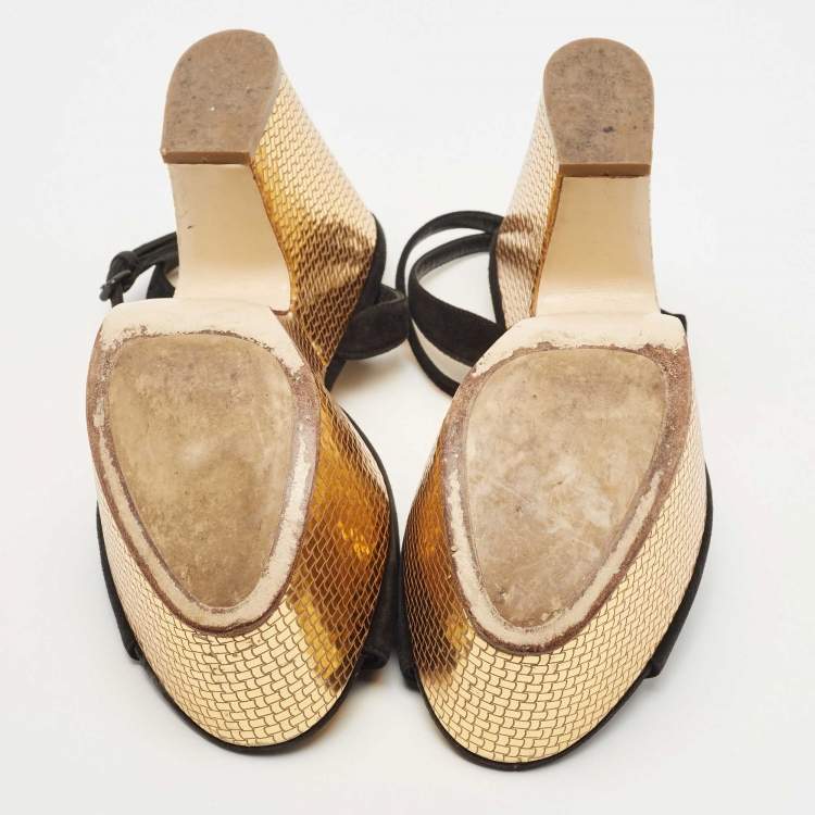 Pre Owned Bottega Veneta Black Suede Platform Wedge Ankle Strap Sandals Size 39.5