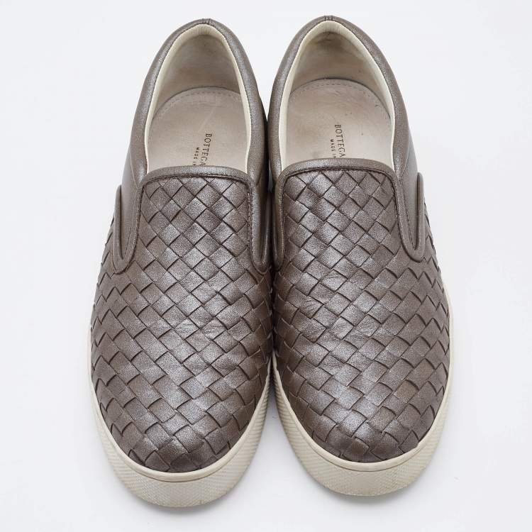Pre Owned Bottega Veneta Metallic Brown Intrecciato Leather Dodger Sneakers Size 38.5