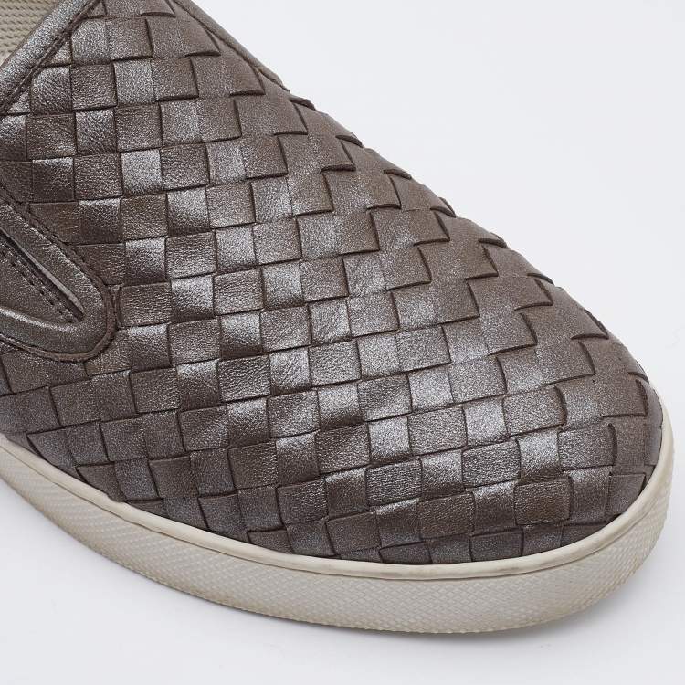 Pre Owned Bottega Veneta Metallic Brown Intrecciato Leather Dodger Sneakers Size 38.5