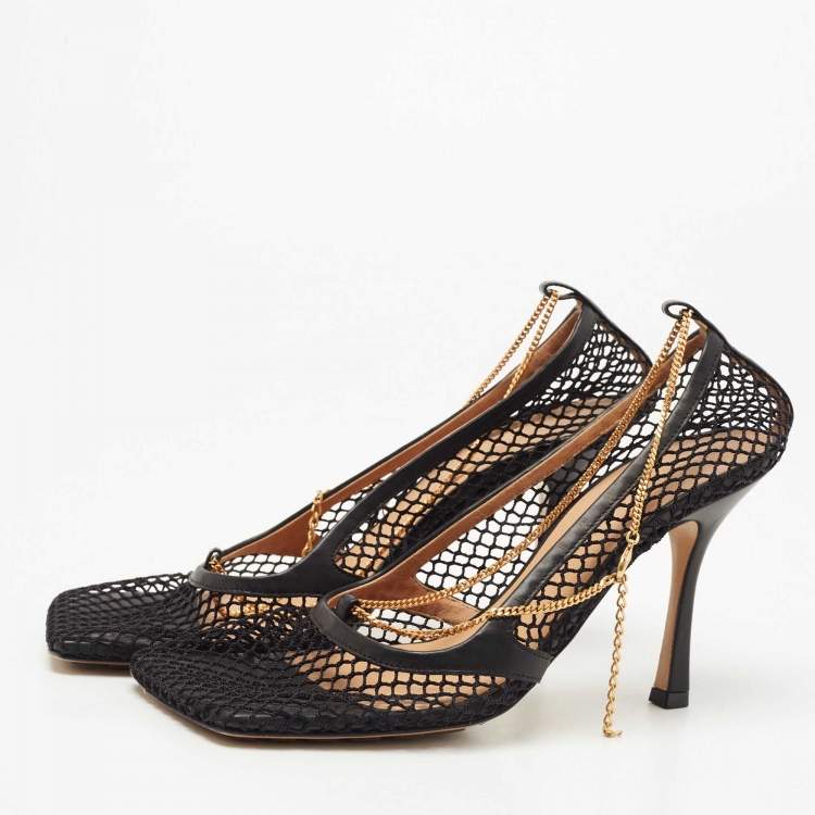 Pre Owned Bottega Veneta Black Mesh and Leather Stretch Pumps Size 40