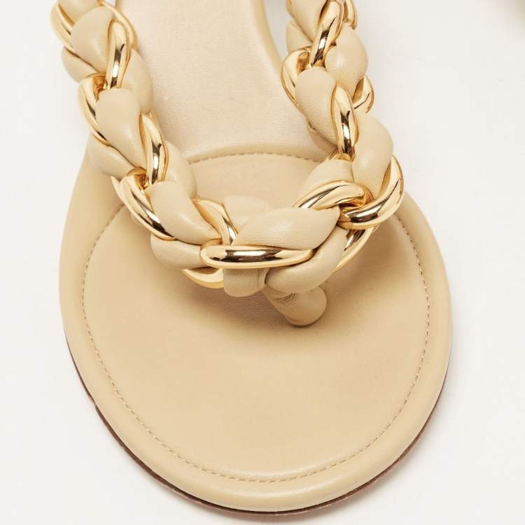 Pre Owned Bottega Veneta Beige Braided Leather and Chain Thong Sandals Size 40.5