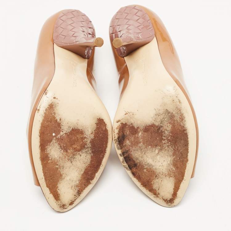 Pre Owned Bottega Veneta Brown Patent Leather Peep Toe Pumps Size 39