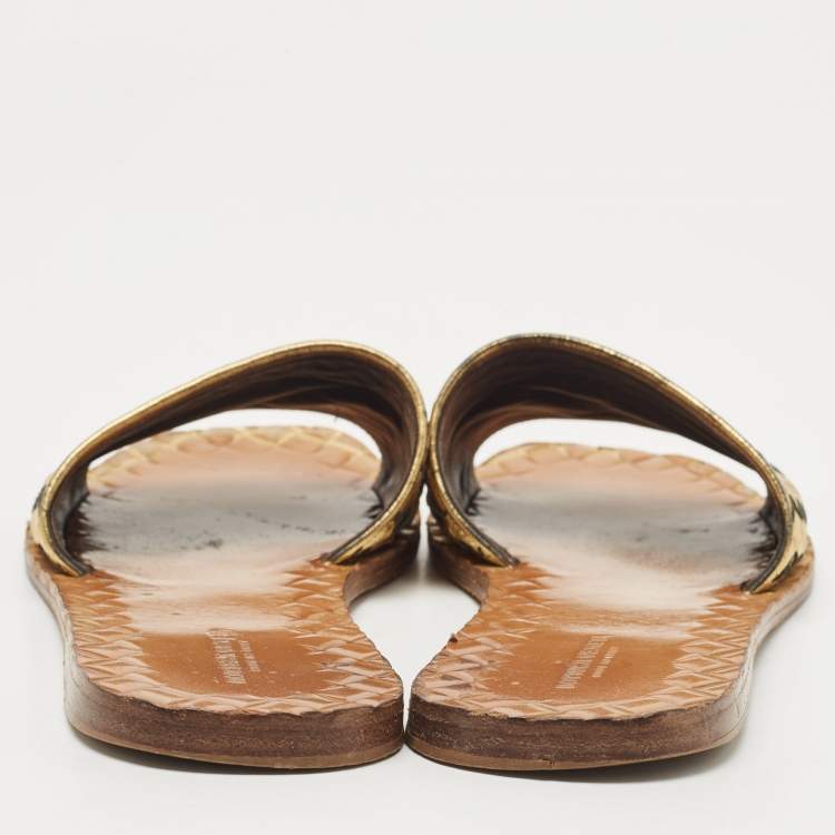 Pre Owned Bottega Veneta Gold Intrecciato Leather Flat Slides Size 37.5