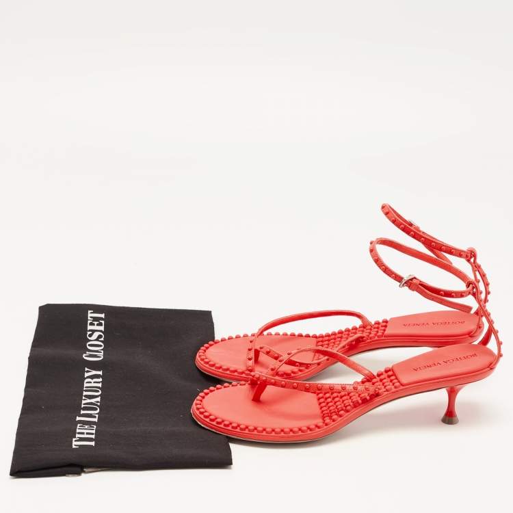 Pre Owned Bottega Veneta Neon Red Studded Leather Ankle Strap Sandals Size 40.5