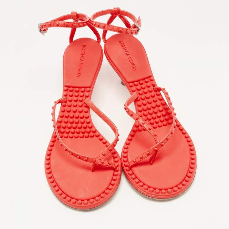 Pre Owned Bottega Veneta Neon Red Studded Leather Ankle Strap Sandals Size 40.5