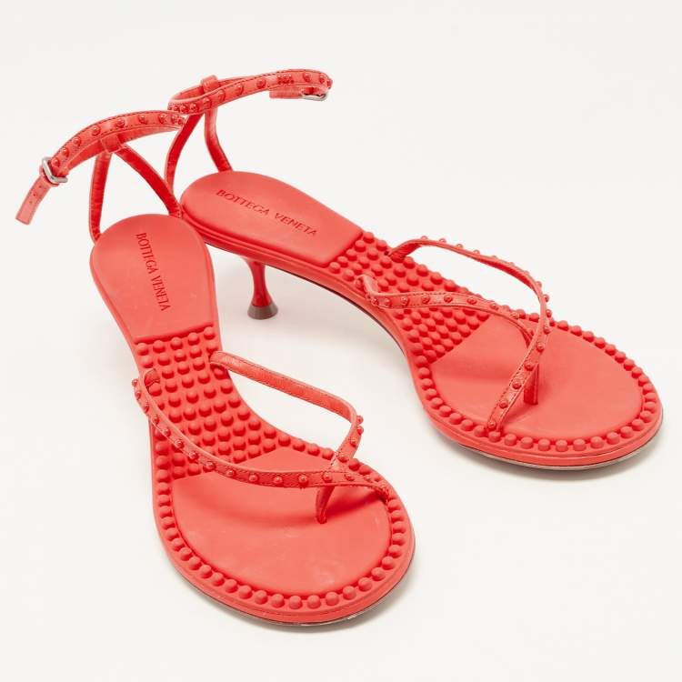Pre Owned Bottega Veneta Neon Red Studded Leather Ankle Strap Sandals Size 40.5