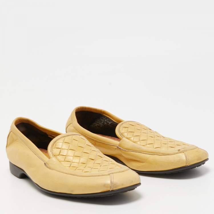 Pre Owned Bottega Veneta Yellow Intrecciato Leather Slip on Loafers Size 35