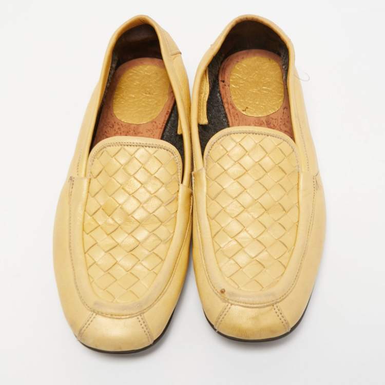 Pre Owned Bottega Veneta Yellow Intrecciato Leather Slip on Loafers Size 35