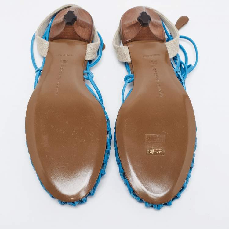 Pre Owned Bottega Veneta Blue Leather Ankle Strap Lace Up Sandals Size 38.5